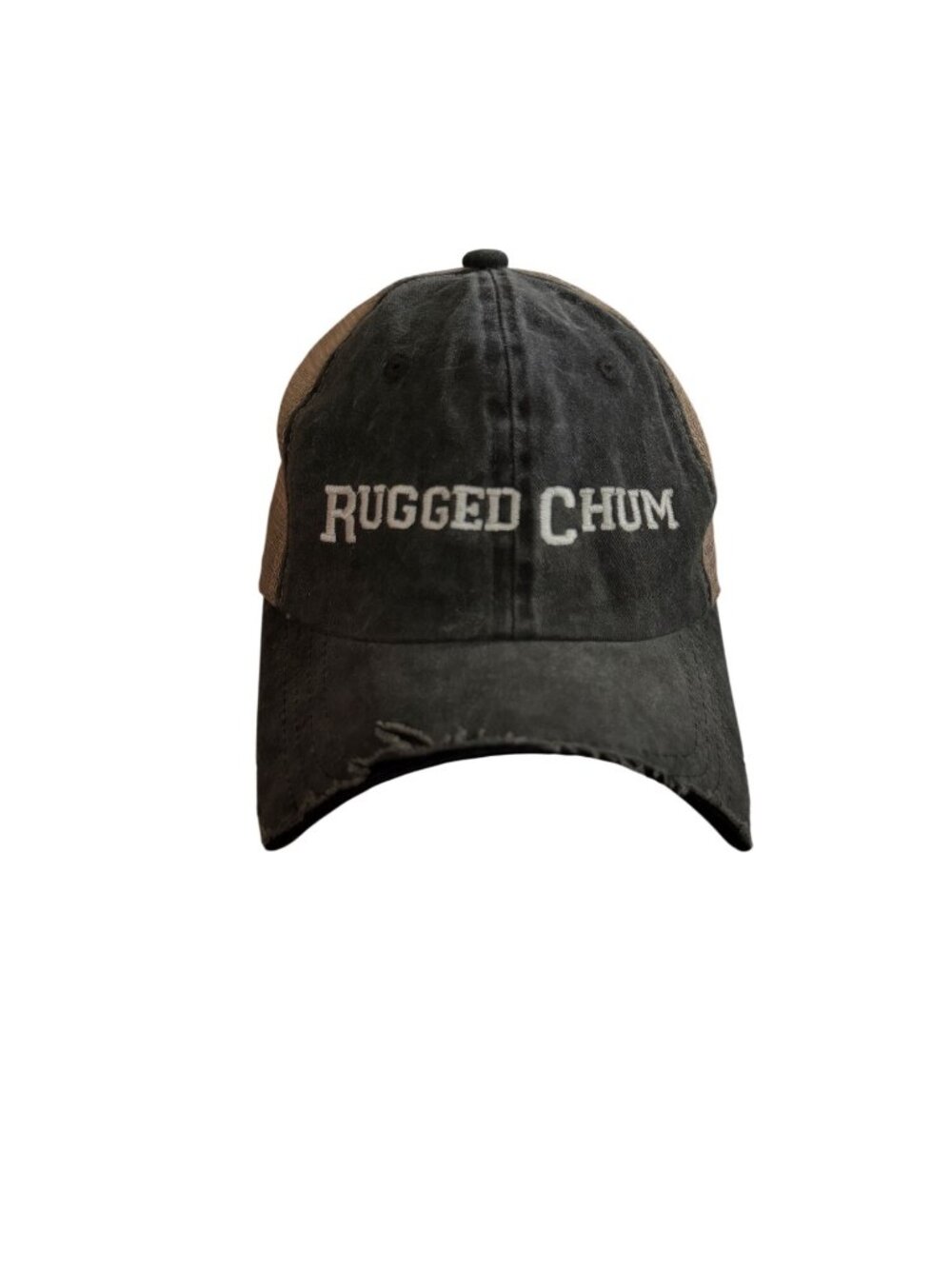 Rugged Chum Distressed Black & Tan Mesh Trucker Hat With Adjustable Strap And Em